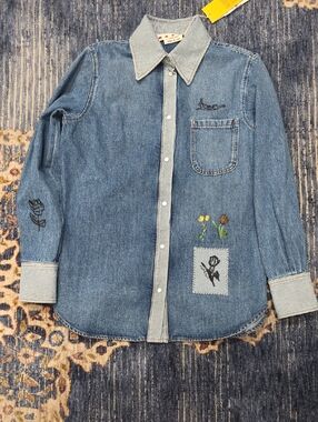 Marni Women's Denim Button-Front Shirt with Floral Embroidery